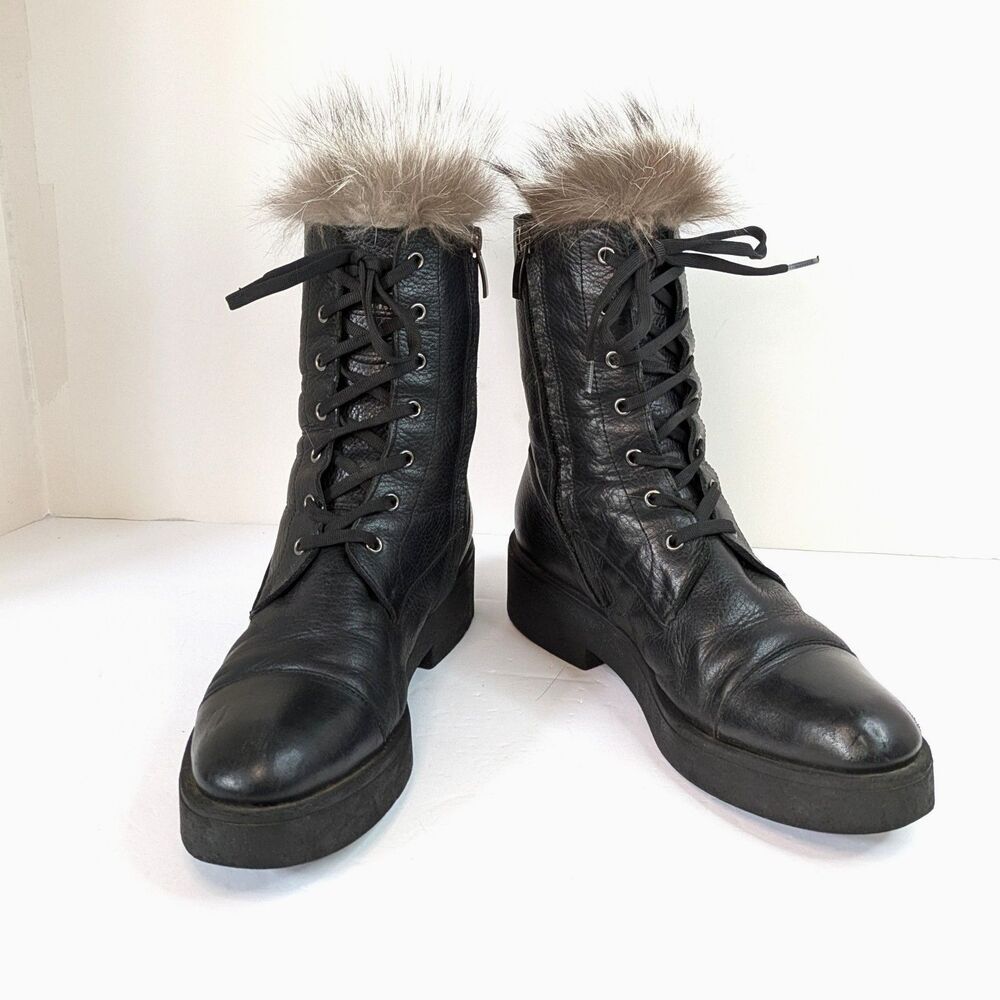 Sofia Baldi Black Leather Fur Trim Combat Boots Lace Up Zip Womens US 8.5